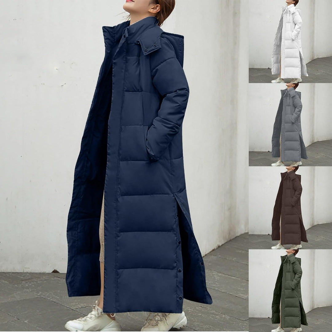 Lange Daunenjacke Damen Dicke Warme Winterjacke Elegant Einfarbig Daunenmantel mit Kapuze Schlitz Wi