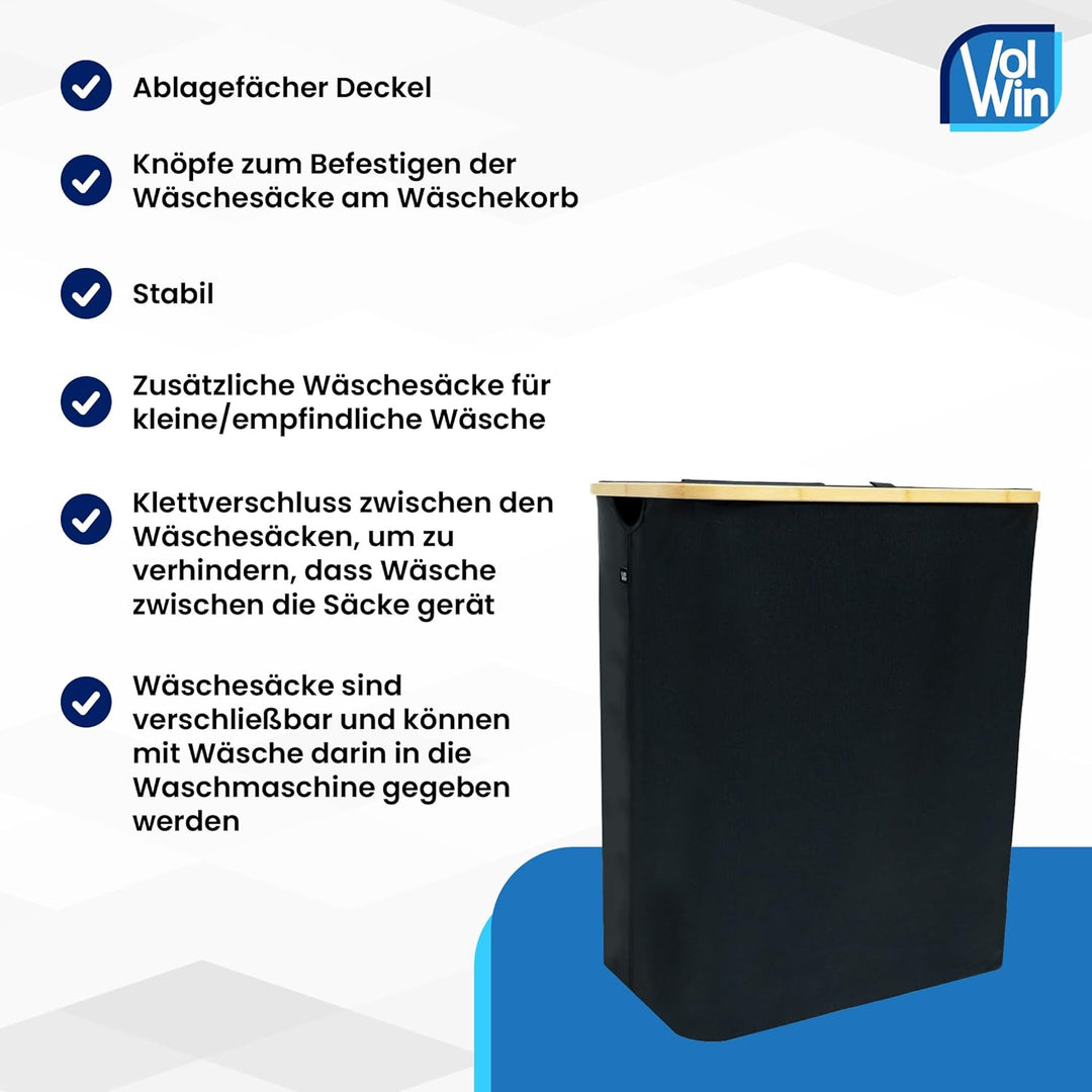 Wäschekorb schwarz 140L – Faltbar & mit Deckel – 2 Fächer + 3 Wäschesäcke & 2 Waschnetze – Aus Oxfor
