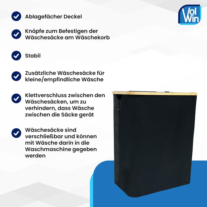 Wäschekorb schwarz 140L – Faltbar & mit Deckel – 2 Fächer + 3 Wäschesäcke & 2 Waschnetze – Aus Oxfor
