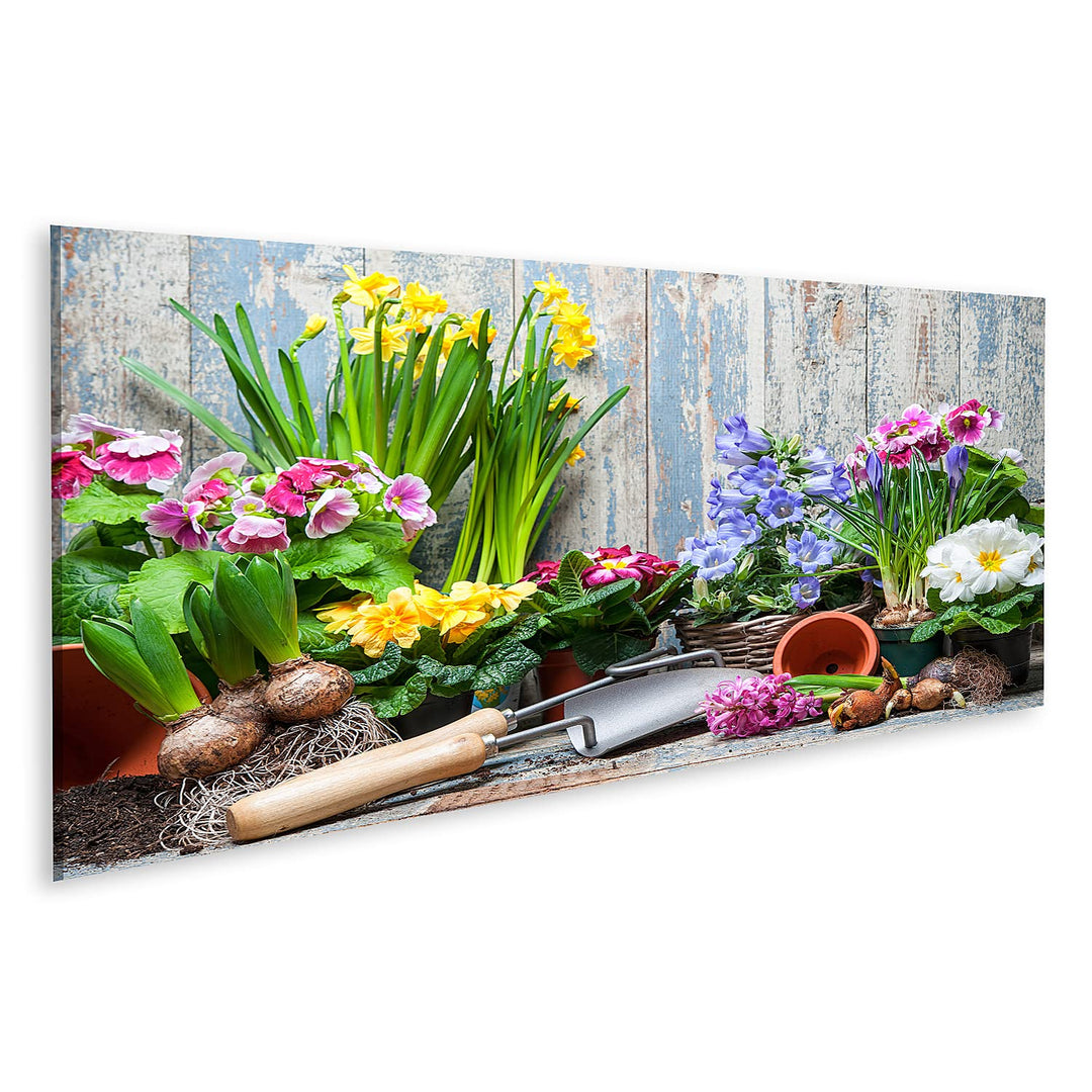 islandburner Bild auf Leinwand Blumengarten Bunte Blumen Töpfe Erde Vor Holzwand Bilder Wandbilder P