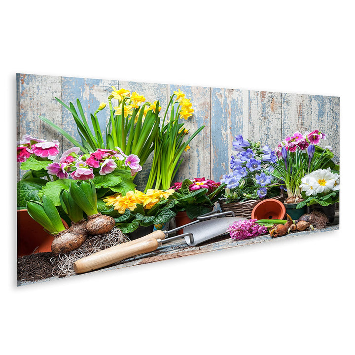 islandburner Bild auf Leinwand Blumengarten Bunte Blumen Töpfe Erde Vor Holzwand Bilder Wandbilder P