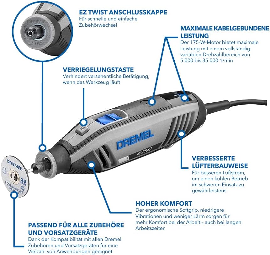 Dremel 4250 Rotationswerkzeug 175 W, Multifunktionswerkzeug-Set mit 6 Vorsatzgeräten und 128 Zubehör