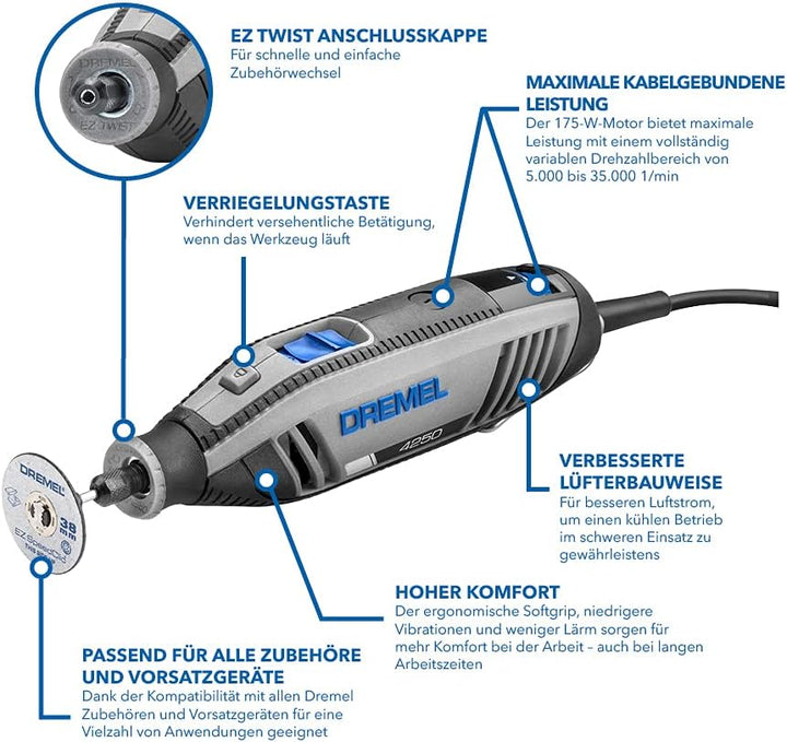 Dremel 4250 Rotationswerkzeug 175 W, Multifunktionswerkzeug-Set mit 6 Vorsatzgeräten und 128 Zubehör