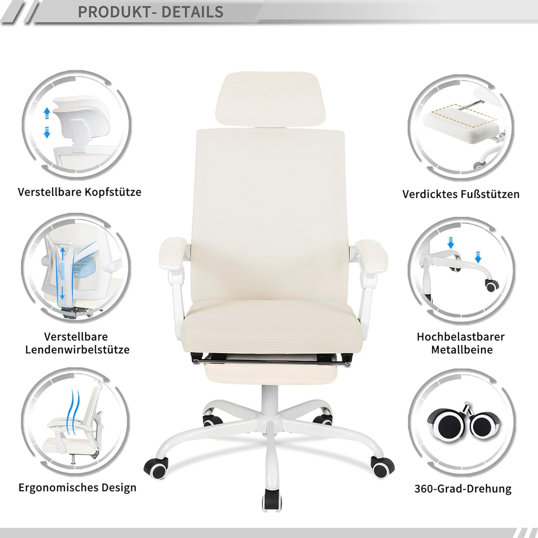 UEV Bürostuhl Ergonomisch, Drehstuhl, Schreibtischstuhl mit Verstellbarer Kopfstütze Lendenwirbelstü