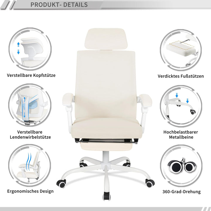 UEV Bürostuhl Ergonomisch, Drehstuhl, Schreibtischstuhl mit Verstellbarer Kopfstütze Lendenwirbelstü
