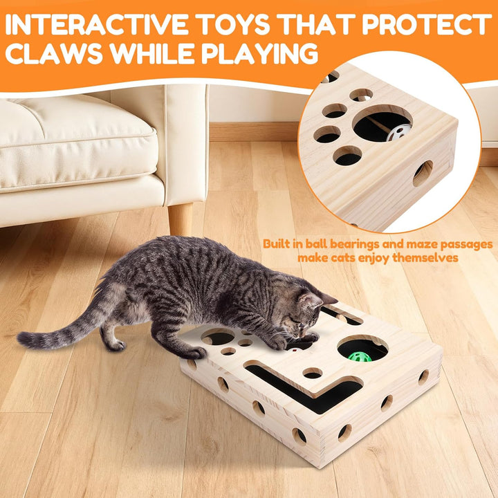 Beschäftigungsbox Krallenfeile Katze, 29,5×24,5×6 cm Kratzpuzzle Spielbox Holz Katzen Kratzbrett mit