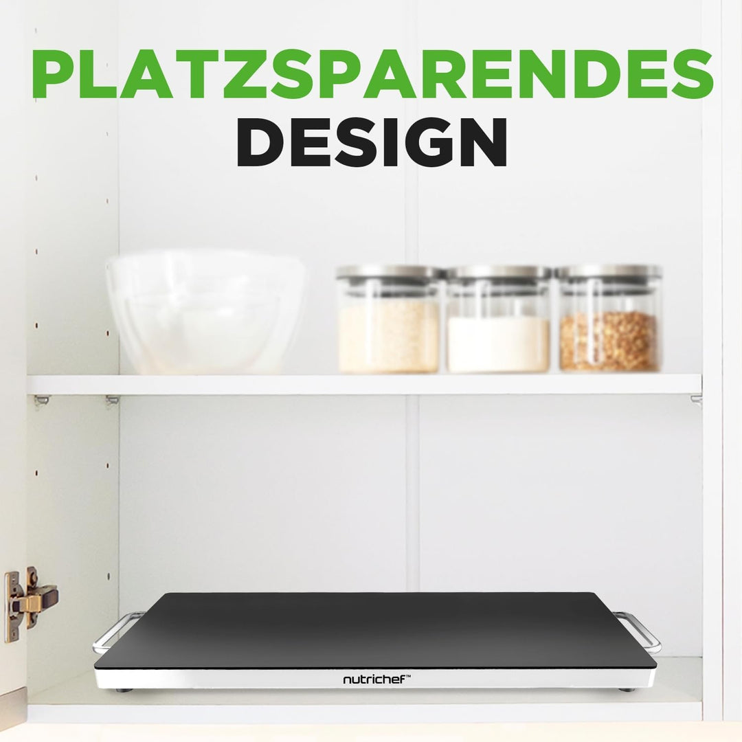NutriChef Warmhalteplatte Elektrisch – 41,9 x 27,9 cm Glas-Kochplatte mit Griffen für Speisen, Für B