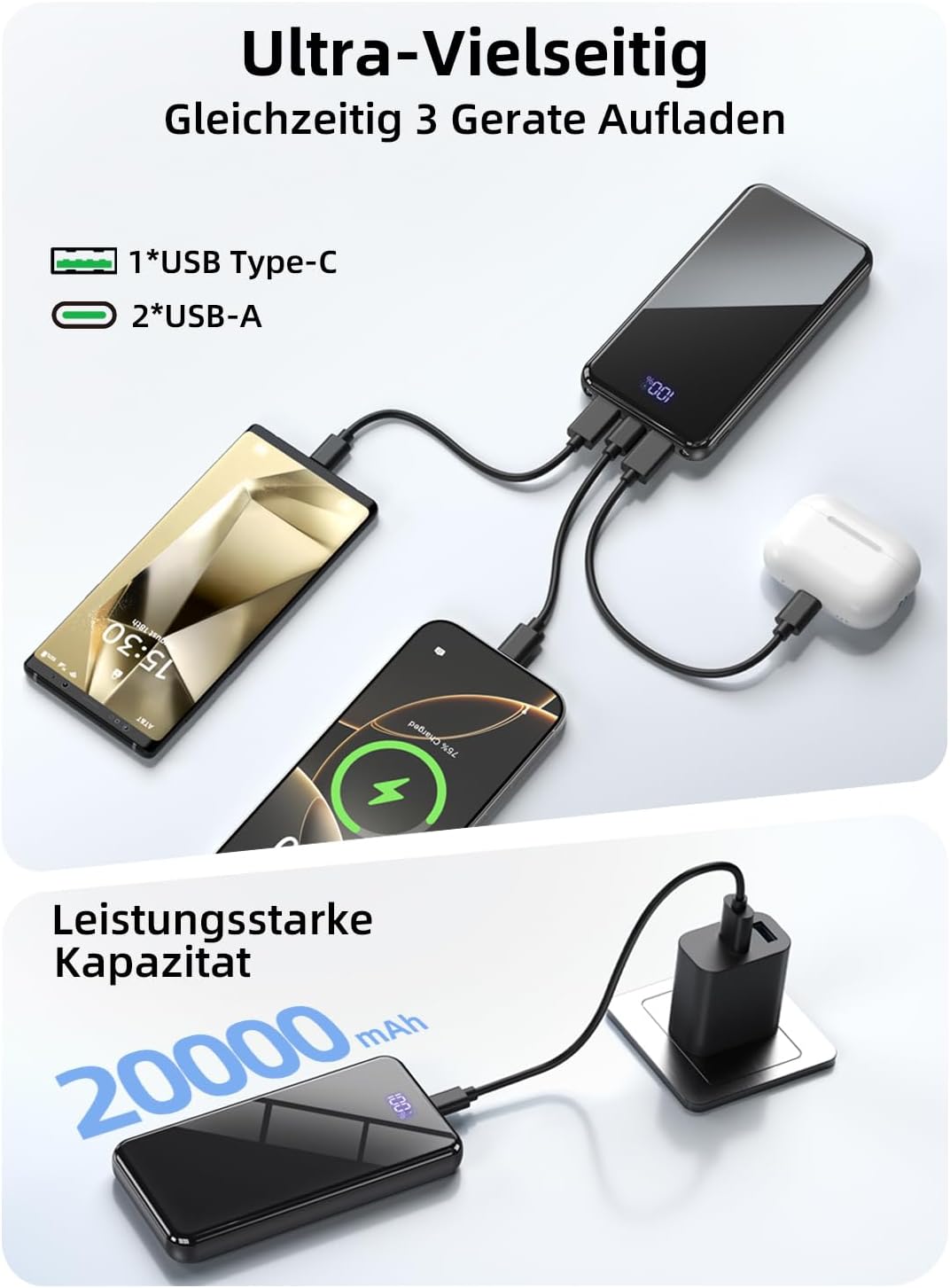Power Bank,20000mAh Powerbank Schnellladefunktion 22,5W USB-C PD3.0 & QC4.0 Tragbarer Externer Handy