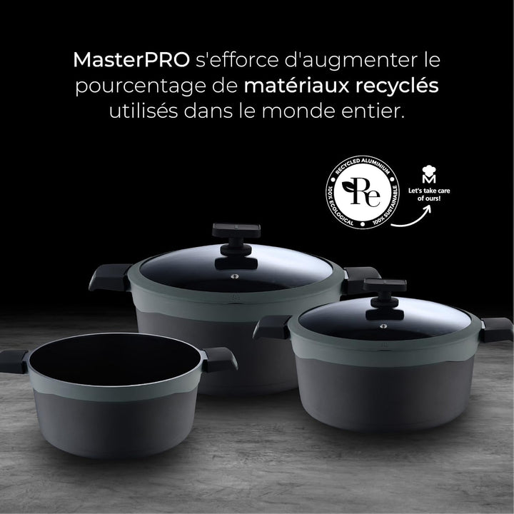 MasterPRO Gastro Reeco - Kochgeschirr-Set aus Aluminiumguss - 3 Pfannen 28, 24 und 20cm - 1 Schöpflö