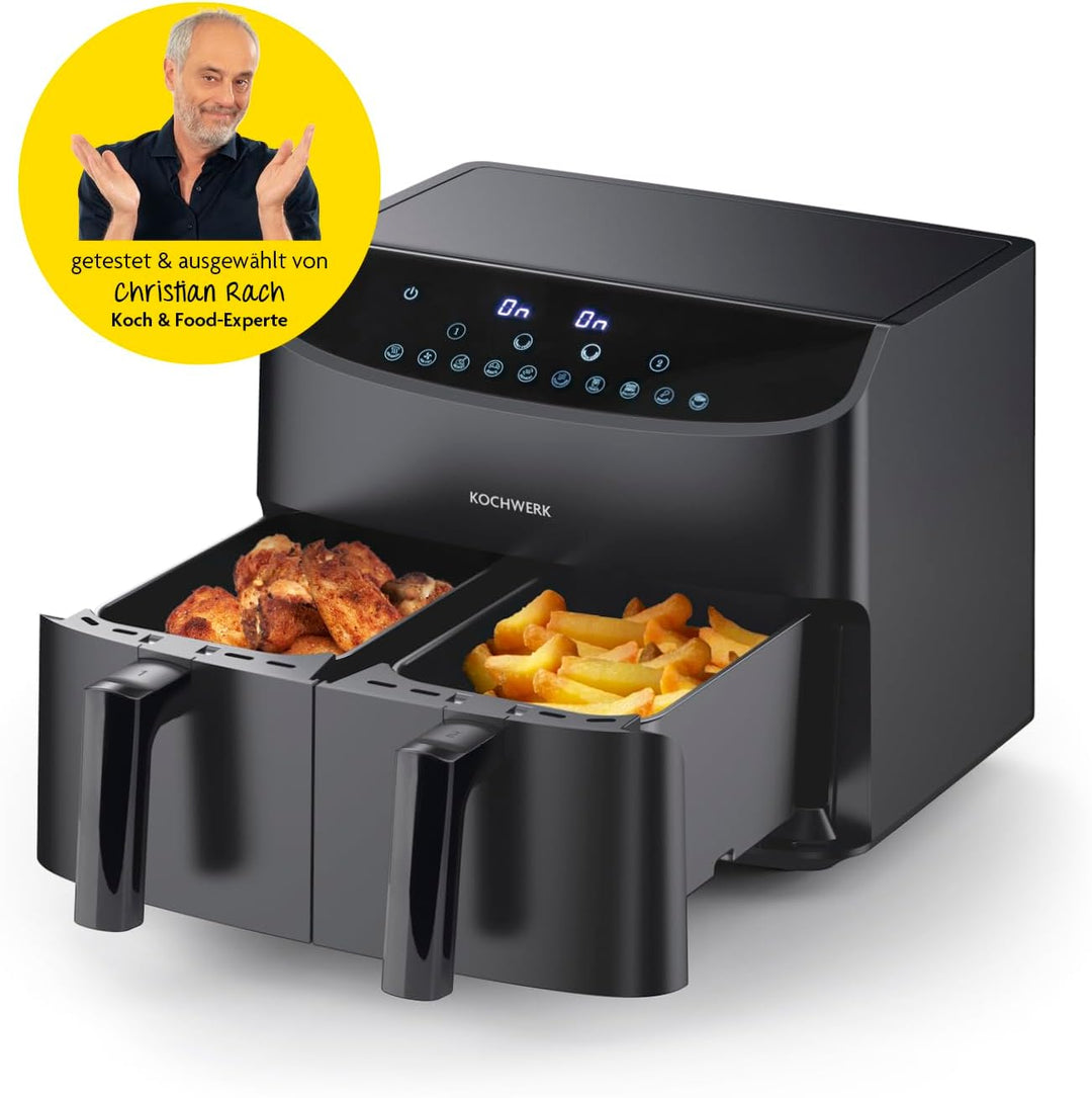 Rachs KOCHWERK Doppelkammer Heissluftfritteuse 7L | Digitaler Edelstahl Airfryer mit Touchscreen, 10