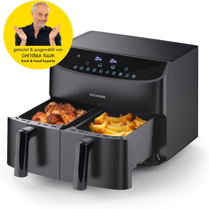 Rachs KOCHWERK Doppelkammer Heissluftfritteuse 7L | Digitaler Edelstahl Airfryer mit Touchscreen, 10