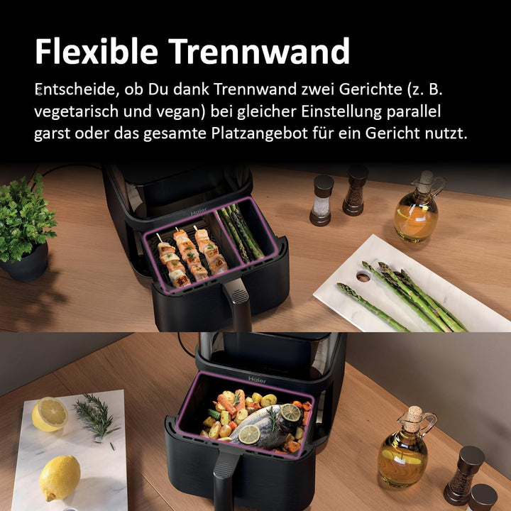 Haier Heissluftfritteuse 7L mit 360° Glas-Sichtfenster I 8-in-1: Frittieren, Grillen, Braten, Backen