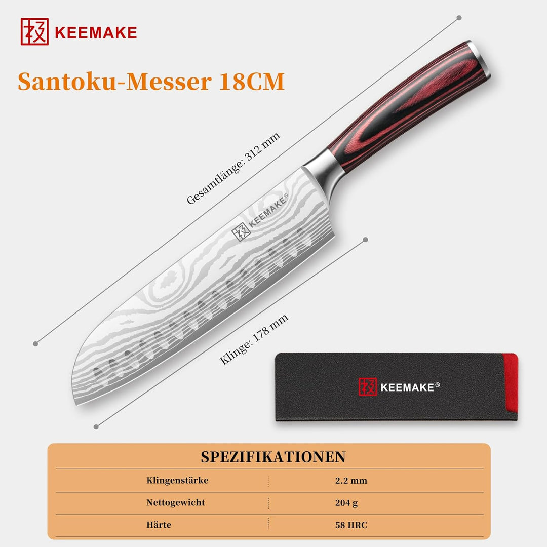 KEEMAKE Küchenmesser Santoku Messer, 18cm Messer Küche Kochmesser aus Edelstahl mit Klingenschutz, S