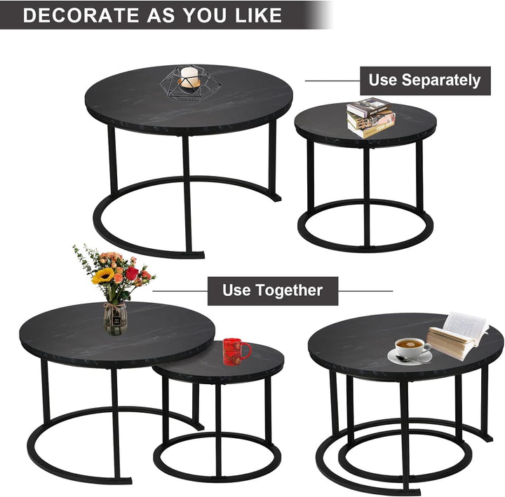 Best Goods Modern Rund Couchtisch 2er Set, wasserdichte Metallhalterung und Marmormuster, für Wohnzi