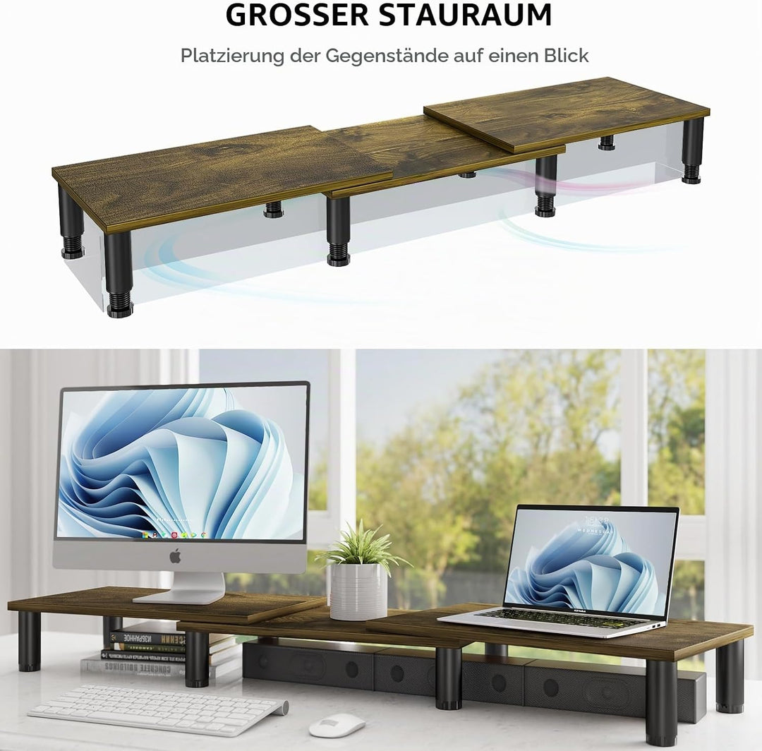 Dual Monitorständer mit einstellbarer Höhe Stahlbein, Holz Ständer für Schreibtisch mit Stauraum für