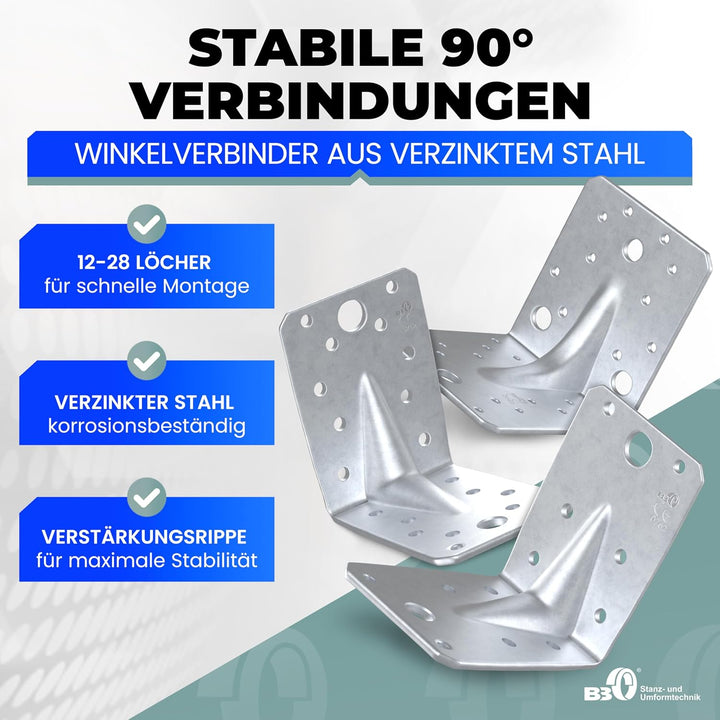 Lochplattenwinkel Winkelverbinder mit Steg 90 x 90 x 65 x 2,5 mm Holzverbinder Bauwinkel Eckwinkel L