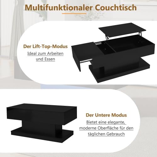 Merax Couchtische 100x50x45 cm, Hochglanz-Lift-Teetisch, Kaffeetisch mit LED-Beleuchtung – Halbhebba