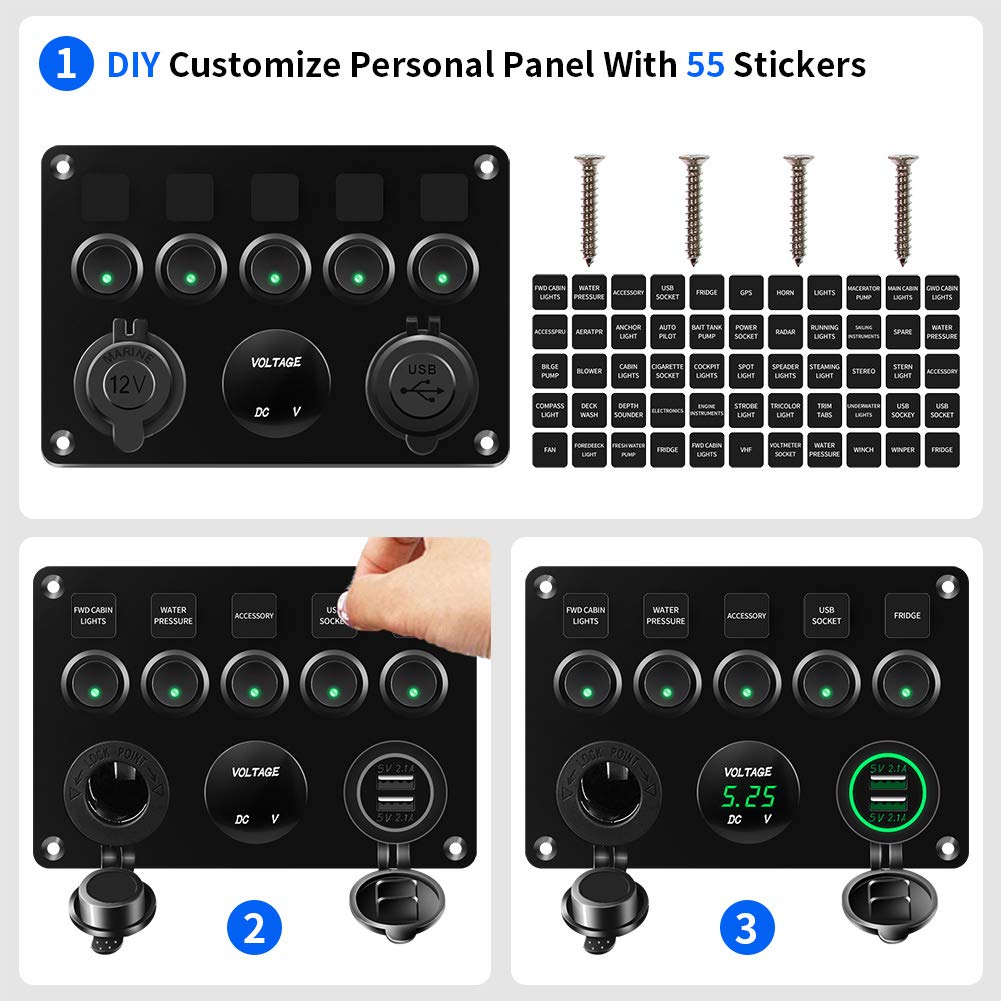 KAOLALI Schaltpanel 12V/24V Kippschalter 5 Gang IP65 Wasserdicht + 4.2A Dual USB Ladegerät + Zigaret
