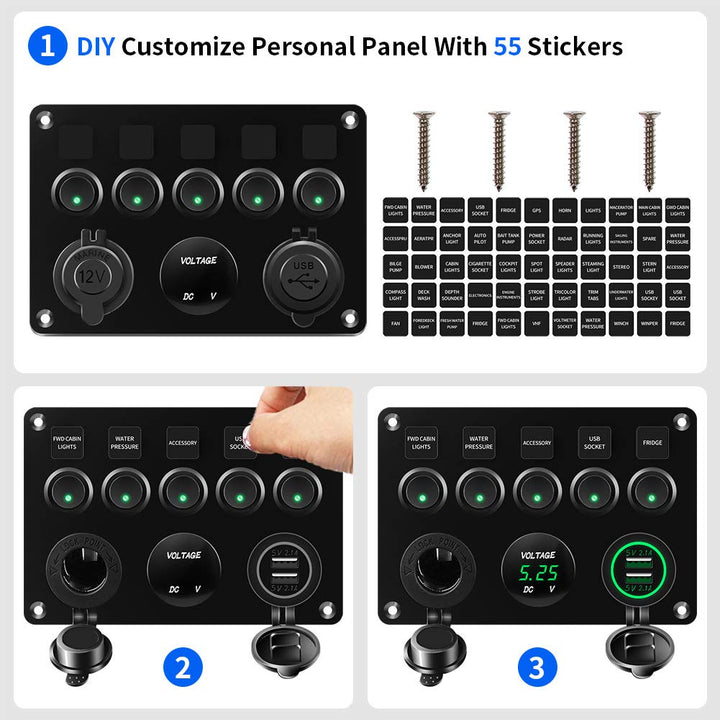 KAOLALI Schaltpanel 12V/24V Kippschalter 5 Gang IP65 Wasserdicht + 4.2A Dual USB Ladegerät + Zigaret