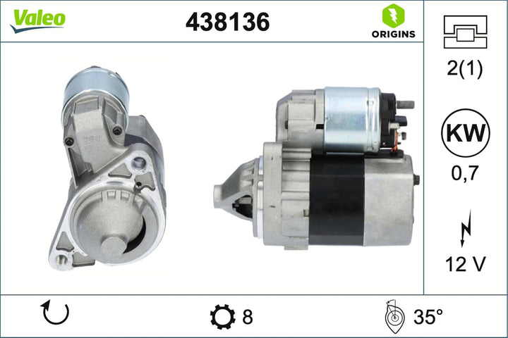 VALEO 438136 Starter Nennleistung: 0,7 kW Stop & Start: NO Zähnezahl: 8 zähne Spannung: 12 V Drehric