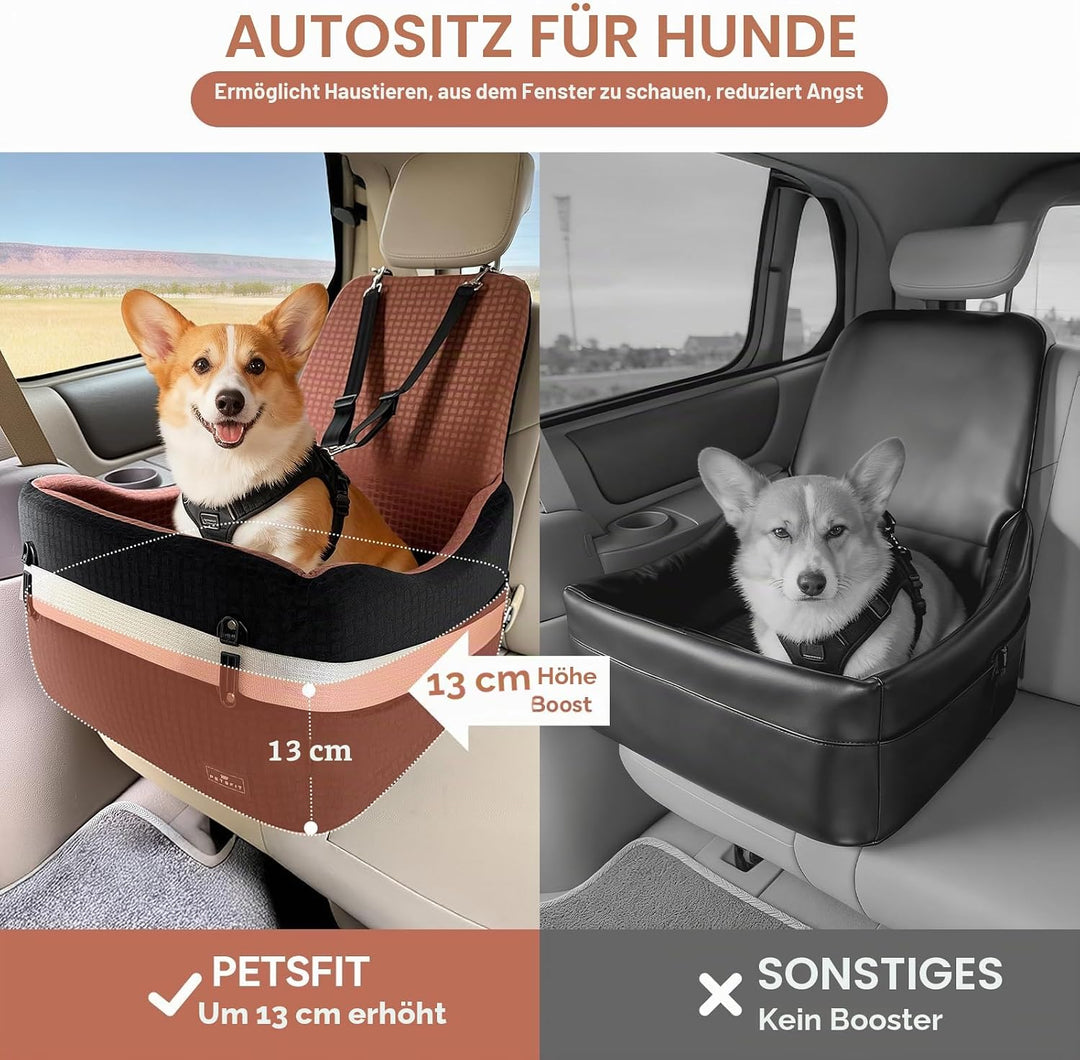 PETSFIT Autositz für kleine/mittelgrosse Hunde bis 15 kg – Patentiertes Sicherheitssystem, 15cm Erhö