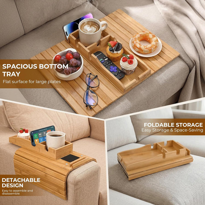 Sofatablett 2-in-1, Bambus Sofa Armlehnen Tablett mit Getränkehalter und Tablet Ständer, Faltbarer C
