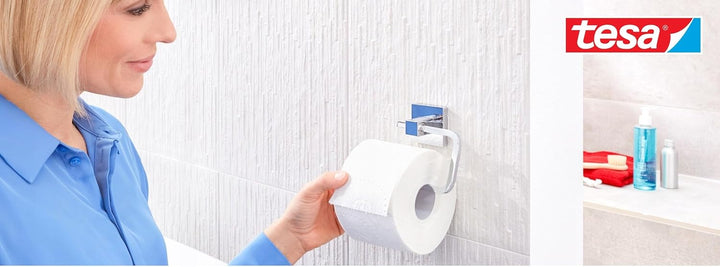 tesa DELUXXE Toilettenpapierhalter ohne Deckel, verchromt - zur Wandbefestigung ohne Bohren, inkl. K