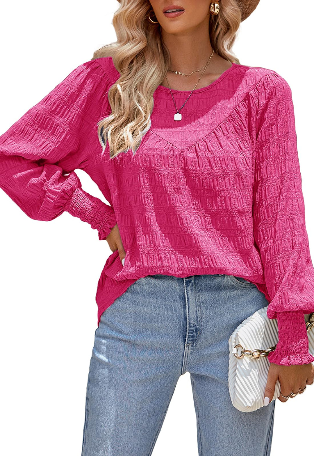 ANCAPELION Damen Elegant Bluse Weiss Chiffon Bishop Langarm Rundhals Tunika Tops Casual Lose Einfarb