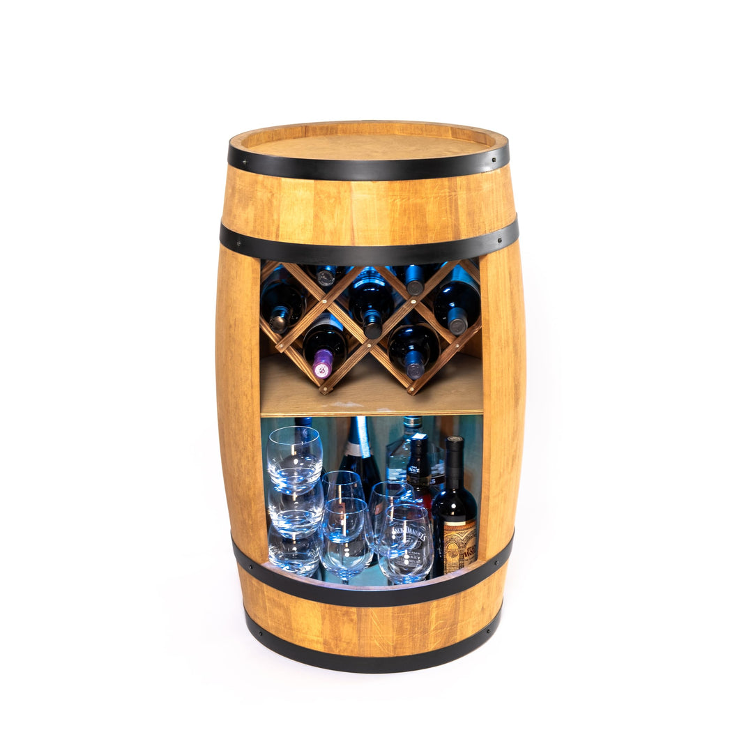 CREATIVE COOPER Fass bar LED RGB mit Weinhalter - Weinregal - Holzfass Hausbar 80x50cm - Rustikaler