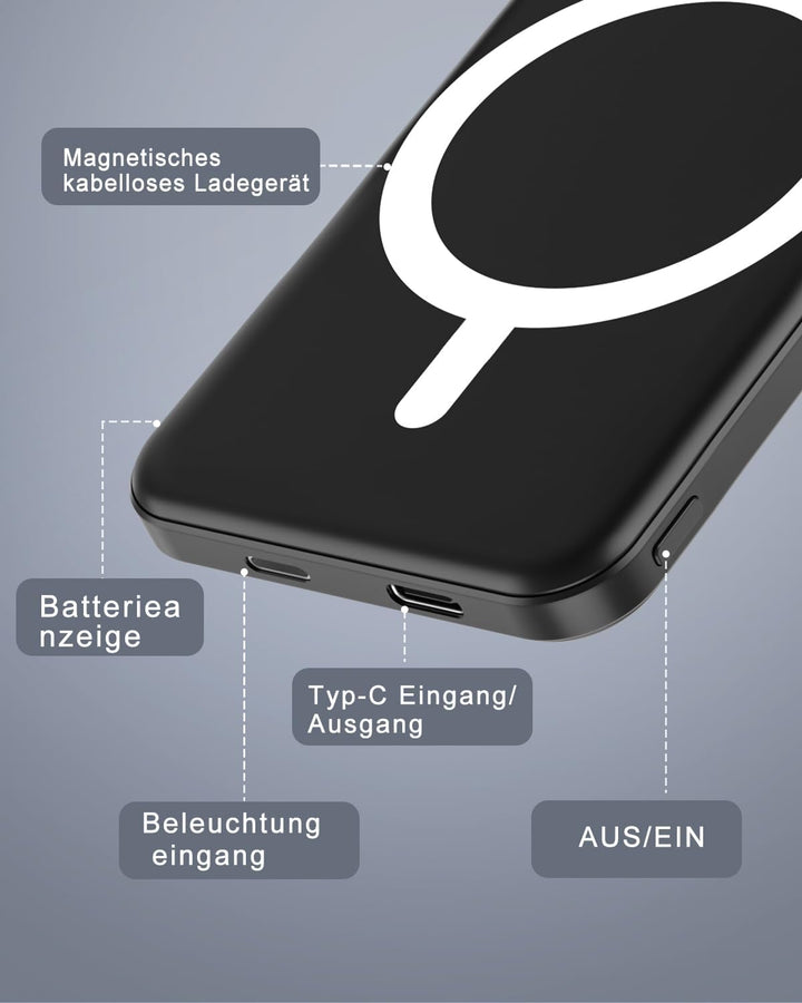 Podoru for Magsafe Powerbank iPhone 5000mAh,Powerbank mag-Safe mit Typ-C Kabel,Power Bank Magnetisch