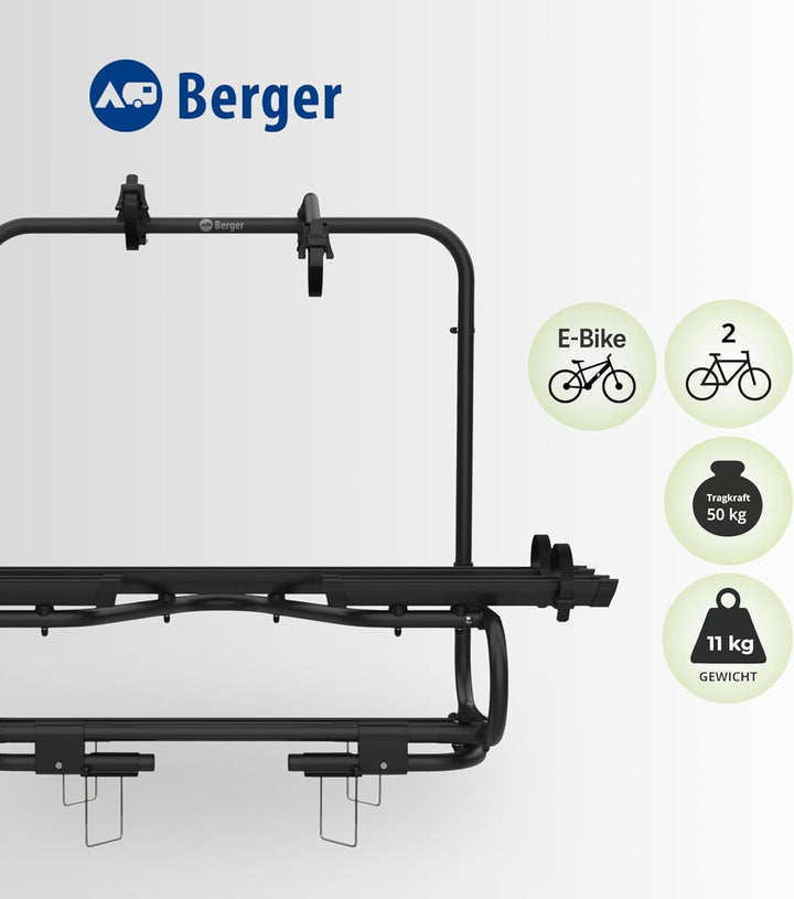 BERGER Fahrradträger Deichsel Wohnwagen | Premium 2XL Deichsel Fahrradträger für 2 Fahrräder bis 50k