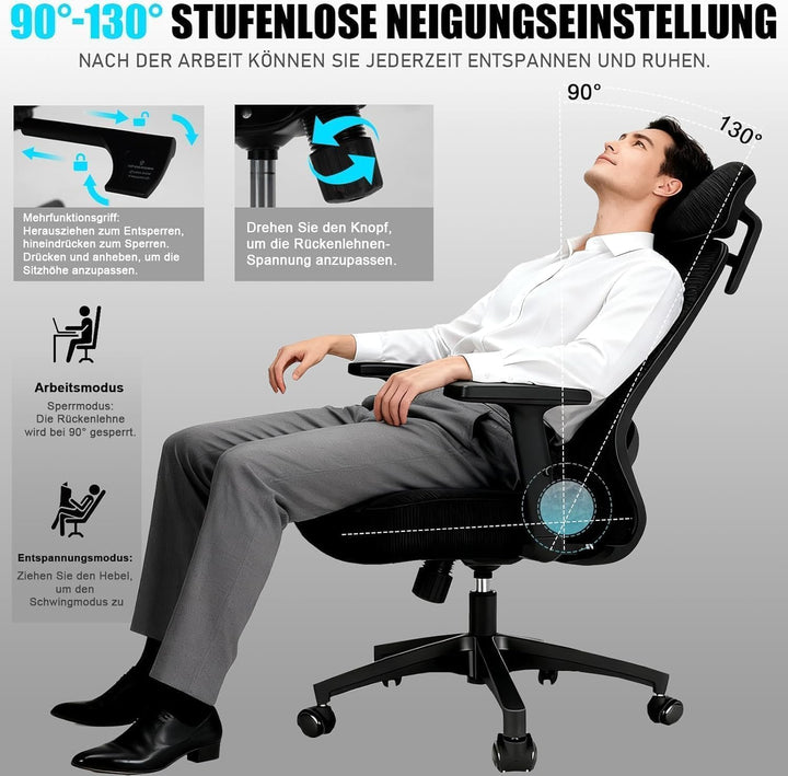 Bürostuhl, Ergonomischer Bürostuhl mit Verstellbarer 4D Lendenwirbelstütze, Schreibtischstuhl mit Ko