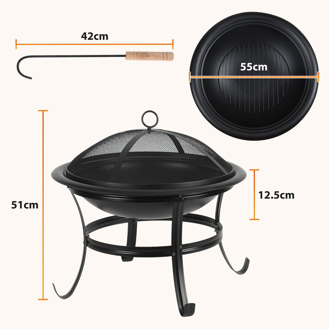 Feuerstelle Ø55cm mit Funkenschutz Schürhaken und wärmeisoliertem Ø 55 cm Set, Ø 55 cm Set