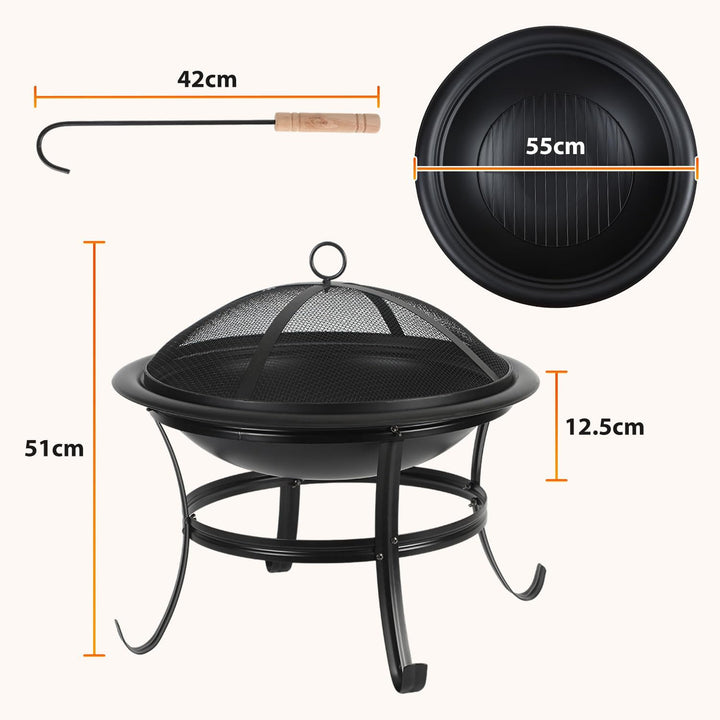 Feuerstelle Ø55cm mit Funkenschutz Schürhaken und wärmeisoliertem Ø 55 cm Set, Ø 55 cm Set