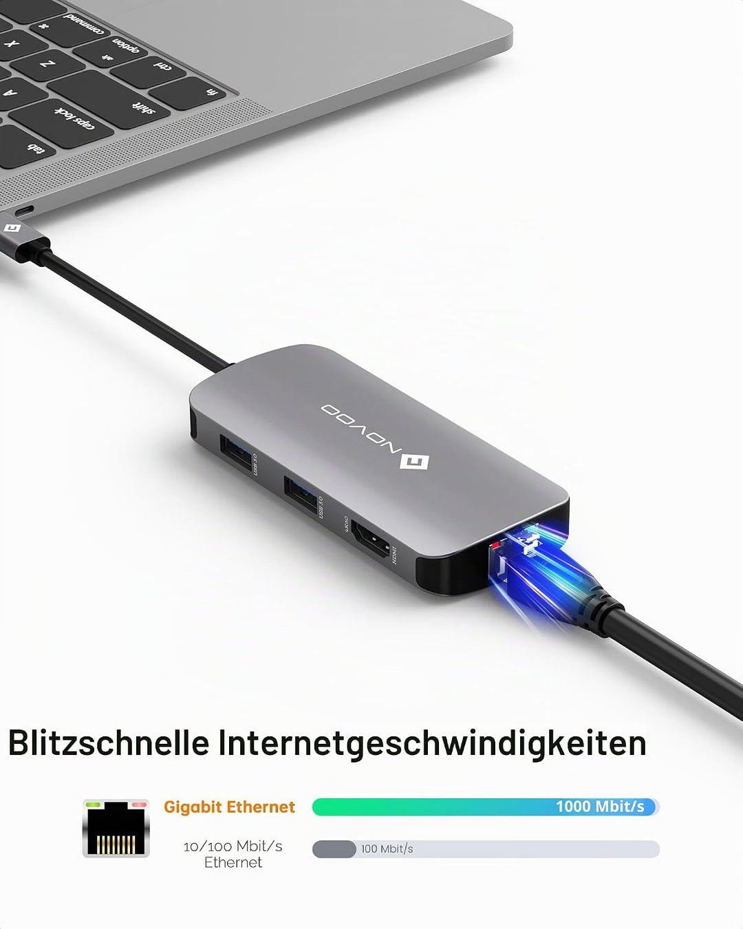 NOVOO Mulitport USB C Hub Adapter USB C auf USB x 4, 100 W PD Ladeanschluss, 4 K HDMI, RJ45 Ethernet