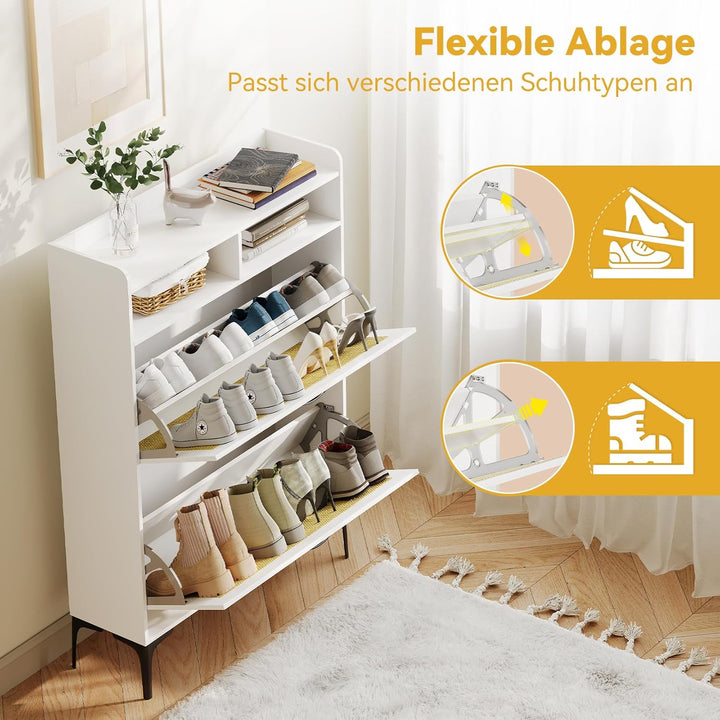 Dripex Schuhschrank weiss, Schuhkipper mit Rattan-Dekor, mit 2 Flip-Schubladen,Schuhregal schmal mit