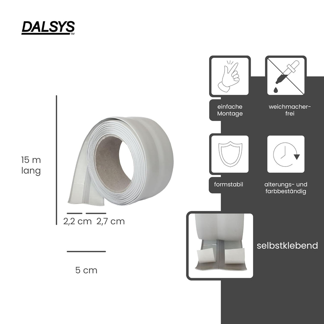 Dalsys Weichsockelleiste selbstklebend Grau 15m Klebeleiste, Abschlussleiste für Fugen in Wohnbereic
