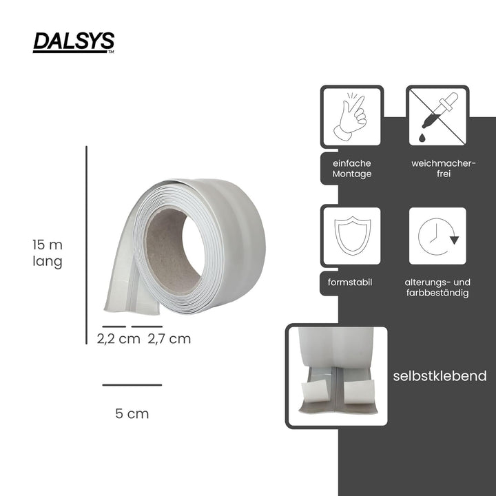 Dalsys Weichsockelleiste selbstklebend Grau 15m Klebeleiste, Abschlussleiste für Fugen in Wohnbereic