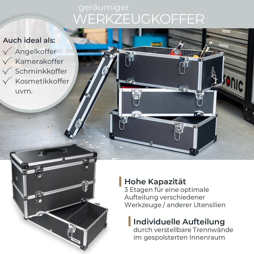 HMF 14661-02 Alu Werkzeugkoffer leer, 3 Etagen, 44 x 45 x 24 cm, schwarz, 3 Etagen