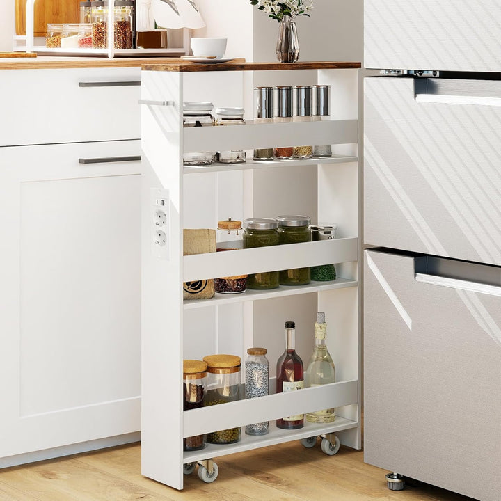 COSTWAY Nischenwagen 13cm breit, 4 Etagen Küchenwagen schmal mit Ladestation, Nischenregal auf Rolle