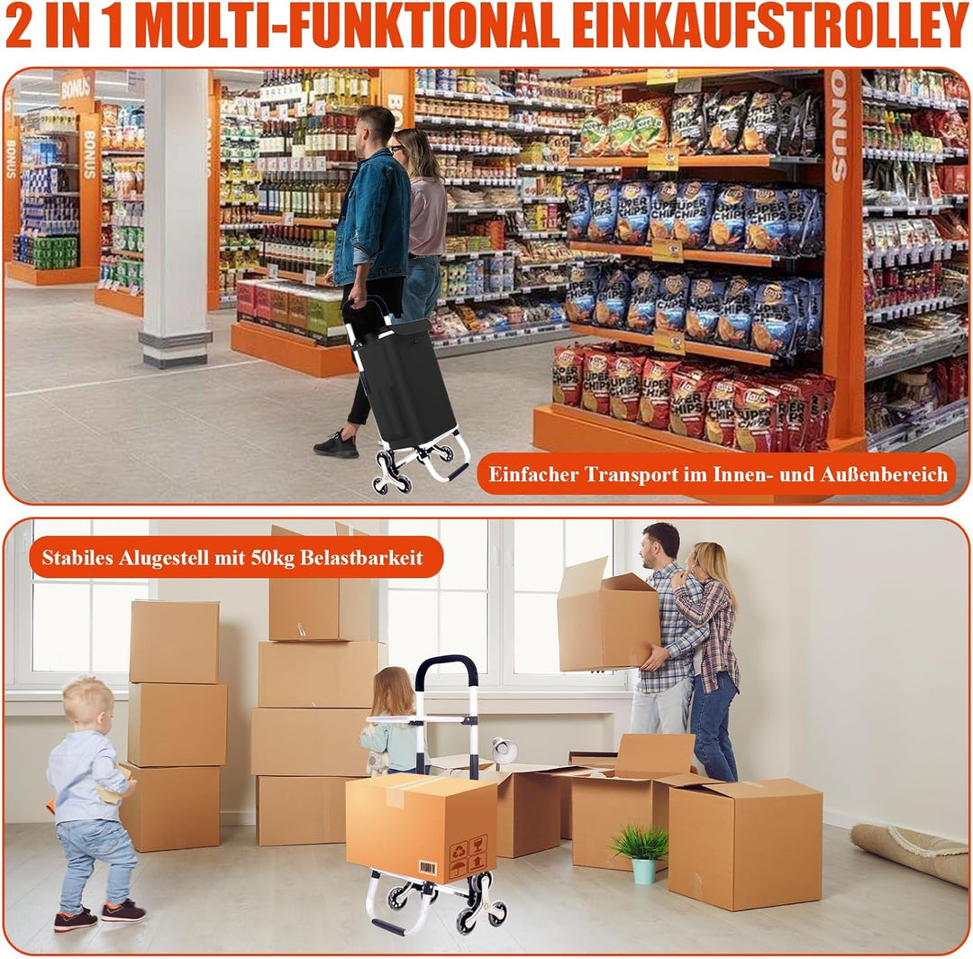 Einkaufstrolley Klappbar, 2 in1 Trolley zum Einkaufen, bis 50 kg, 56 l Kiste | Einkaufstasche mit 6