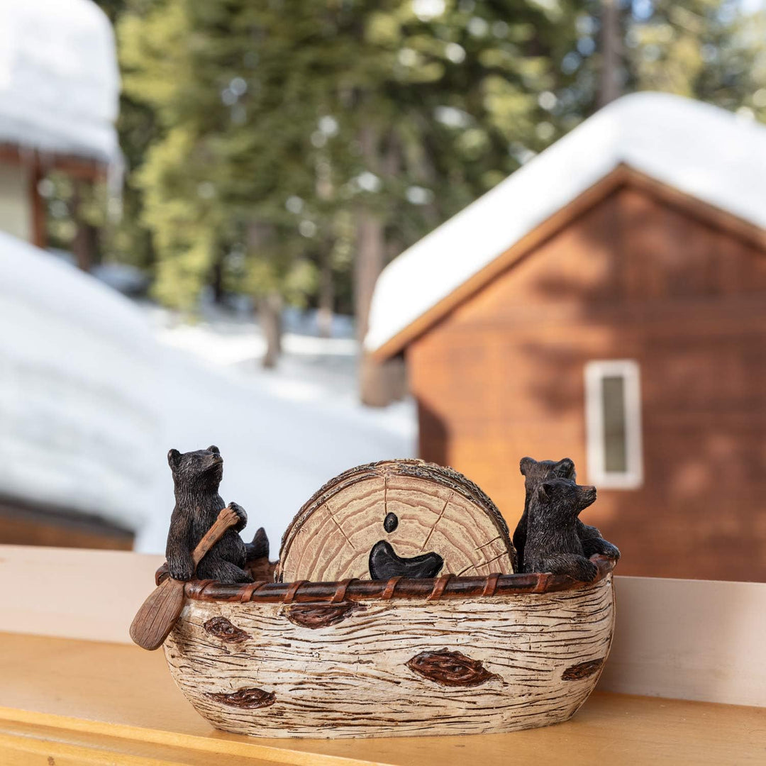 Bear Coasters Set of 6 Rustic Full Size Coasters in Handmade Canoe with Adorable Black Bear Figurine