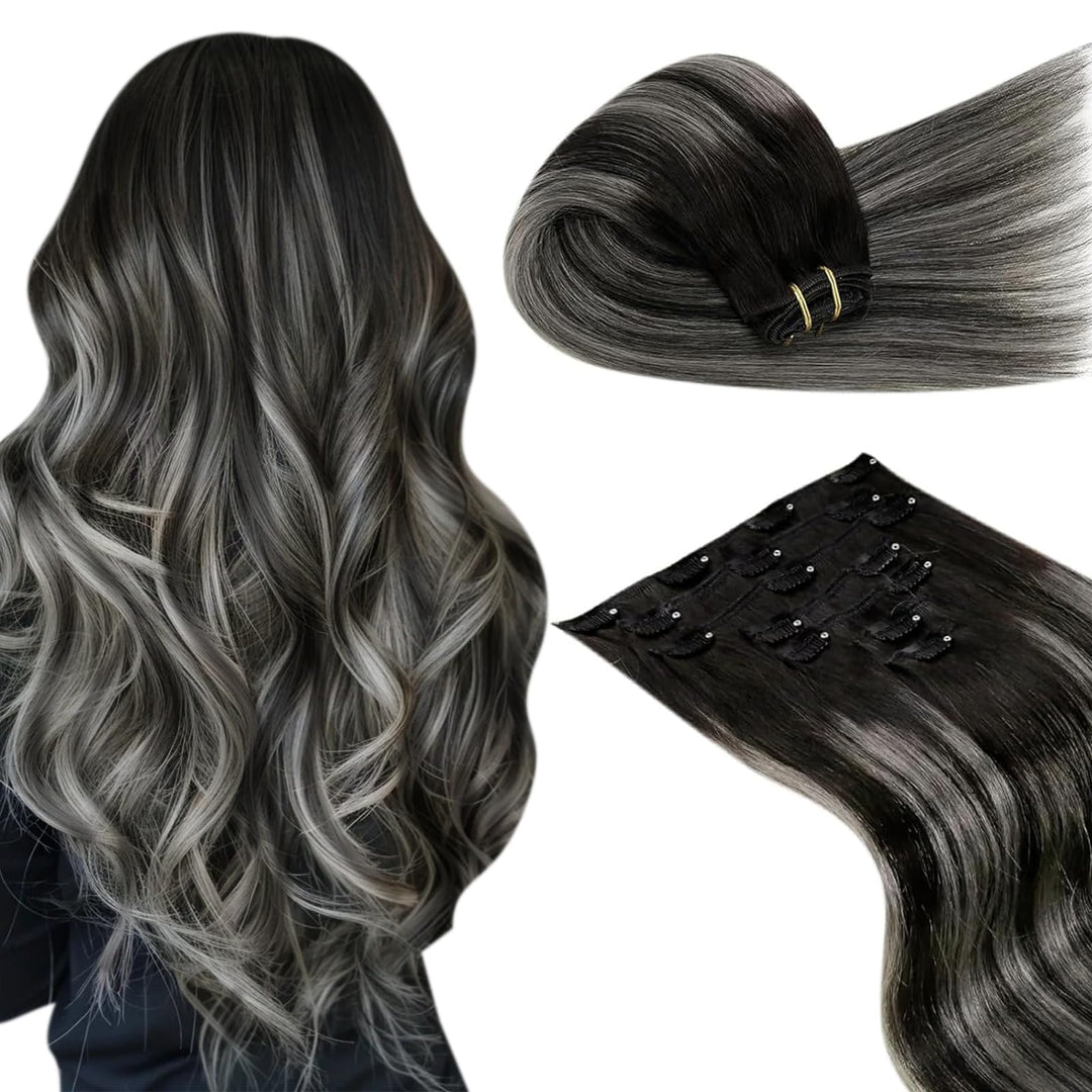 LaaVoo Ombre Extensions Echthaar Clip in Schwarz Balayage Silber Clip in Extensions Echthaar Dicke H