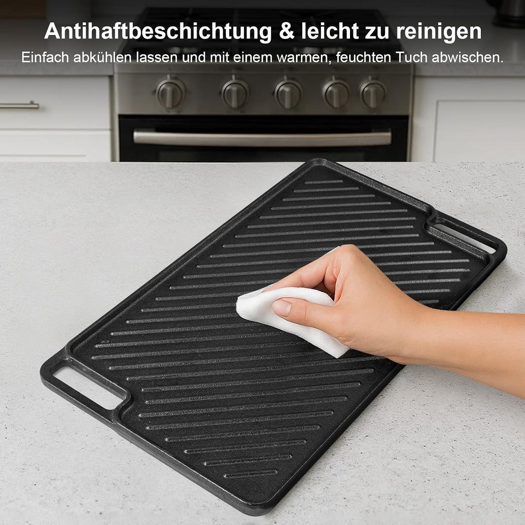 Gusseisen Grillpfanne Set 2-teilig, Vorgewürzte Grillplatte für BBQ