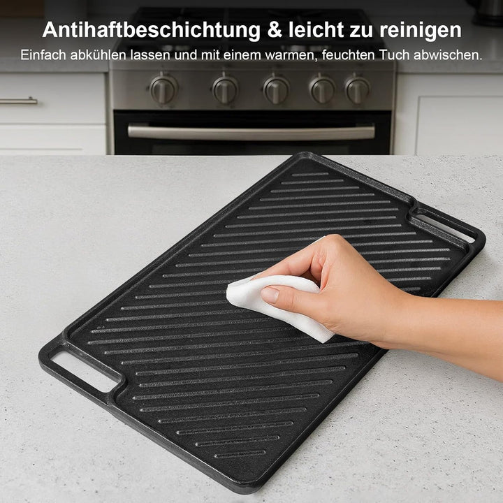 Gusseisen Grillpfanne Set 2-teilig, Vorgewürzte Grillplatte für BBQ