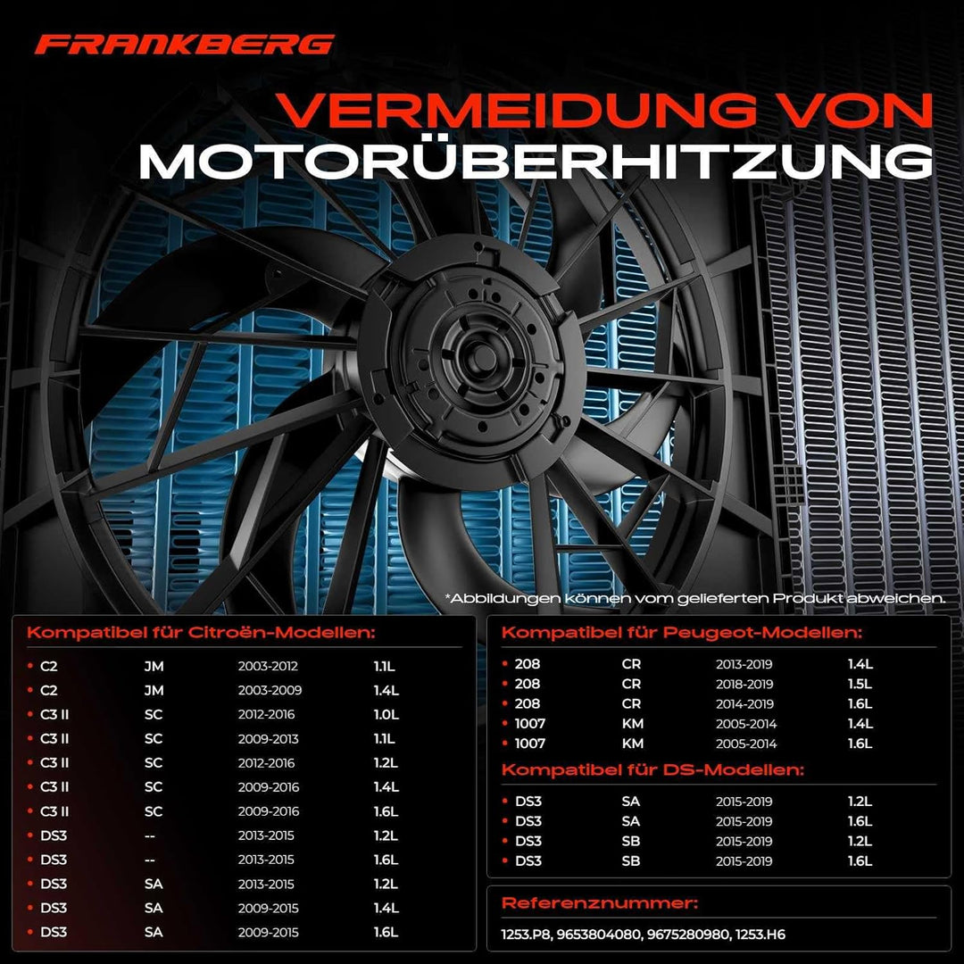 Frankberg Kühlerlüfter Motorkühlung Lüfter 2-Polig Kompatibel mit C2 C3 I II 1007 DS3 207 208 1.0L-1
