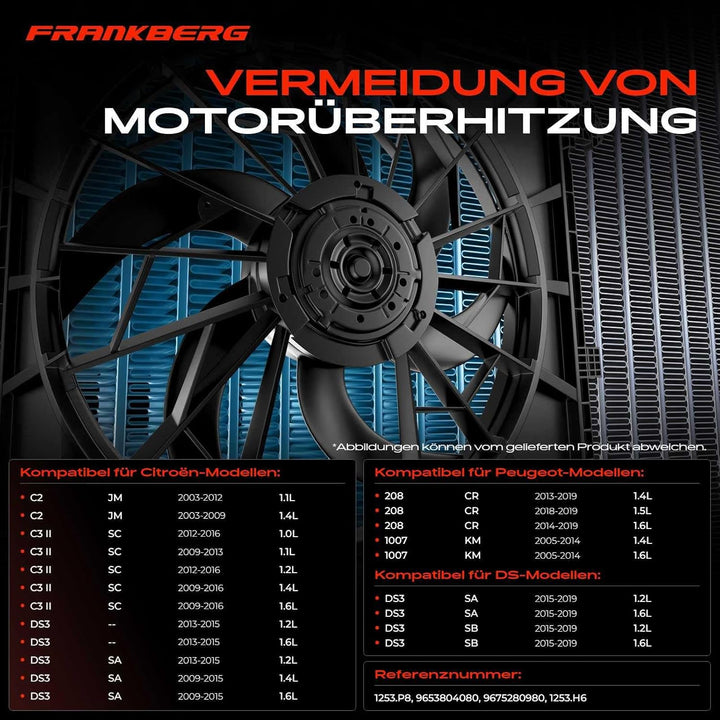 Frankberg Kühlerlüfter Motorkühlung Lüfter 2-Polig Kompatibel mit C2 C3 I II 1007 DS3 207 208 1.0L-1