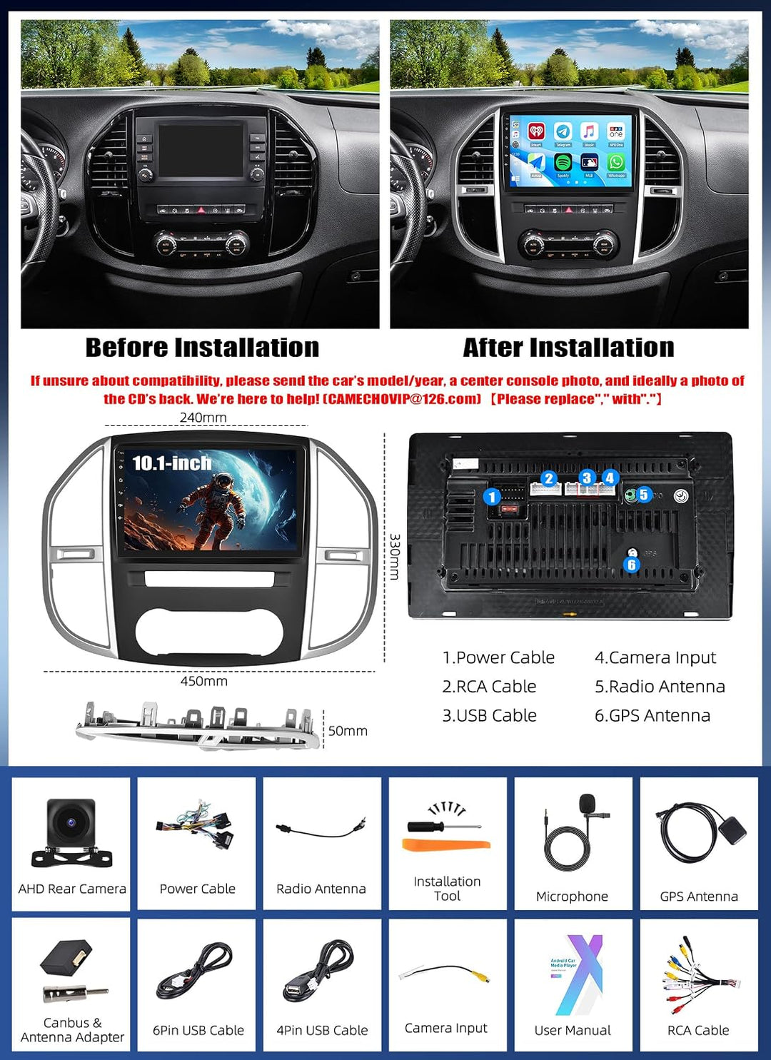 [2G+64G] CAMECHO Android 13 Autoradio für Mercedes Benz Vito 3 W447 (2014-2020) mit Carplay Android