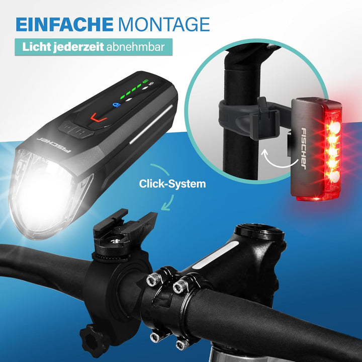 FISCHER Fahrrad LED-Akku Beleuchtungs-Set Twin Stop 100 Lux, mit Sensormodus, Lange Leuchtdauer, sta
