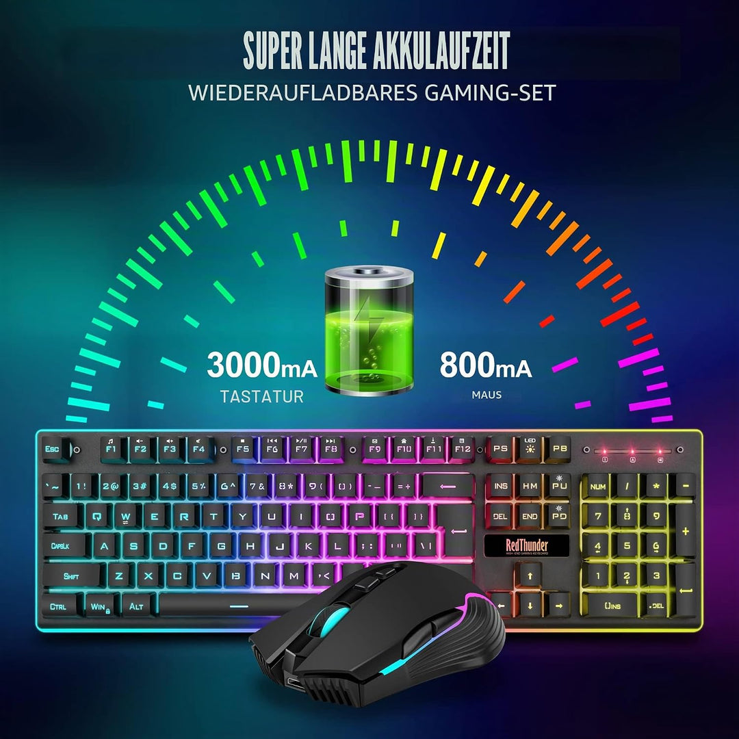 RedThunder K10 Tastatur und Maus kabellos, AZERTY FRANZAIS, Schwarz